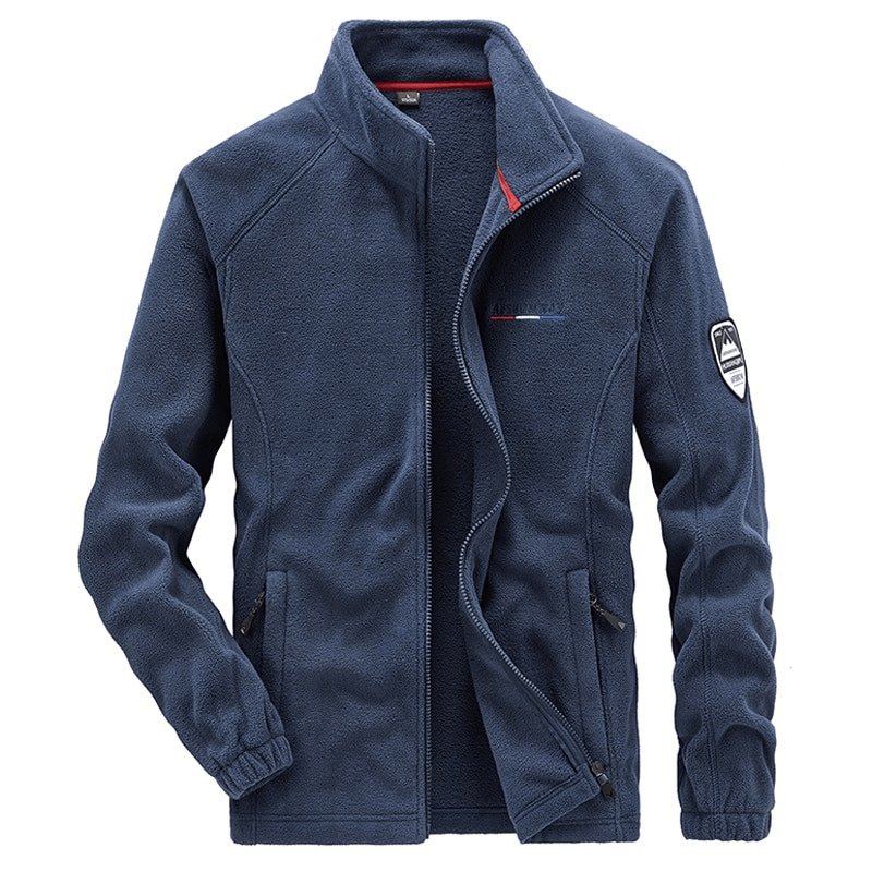 Navy outdoor zipper fleece hiking jacket for men SF0686 with inside pockets, stand collar, solid pattern, and elastic cuffs for winter wear.